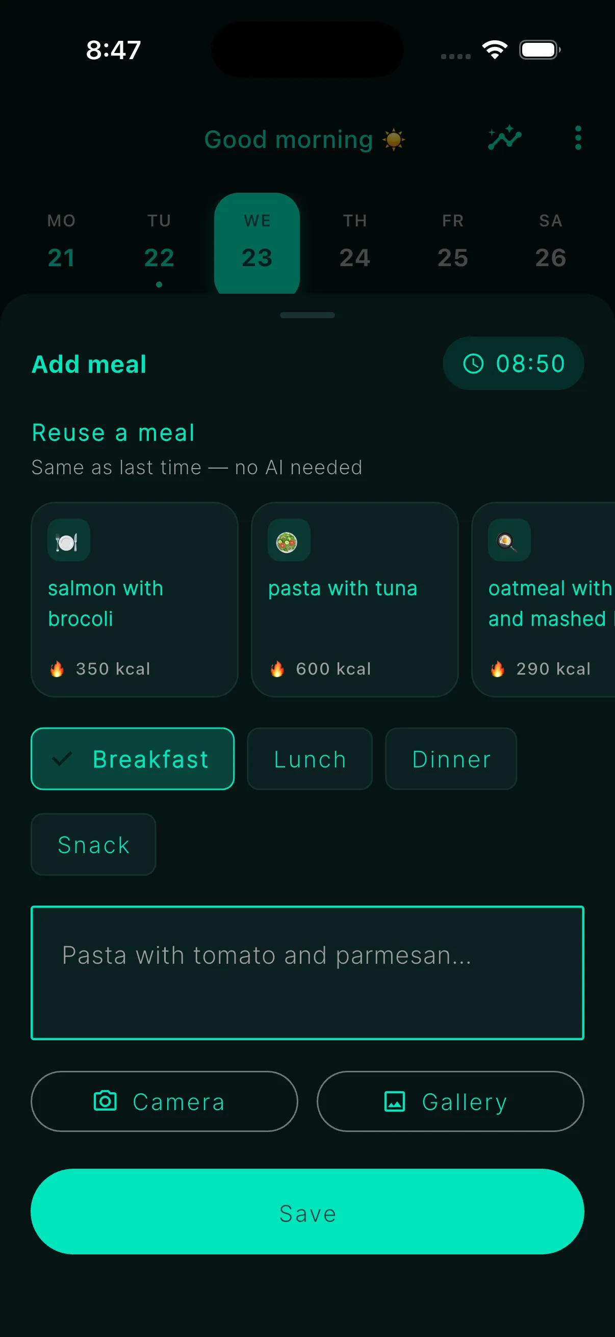 Fodia timeline with a logged meal and symptom